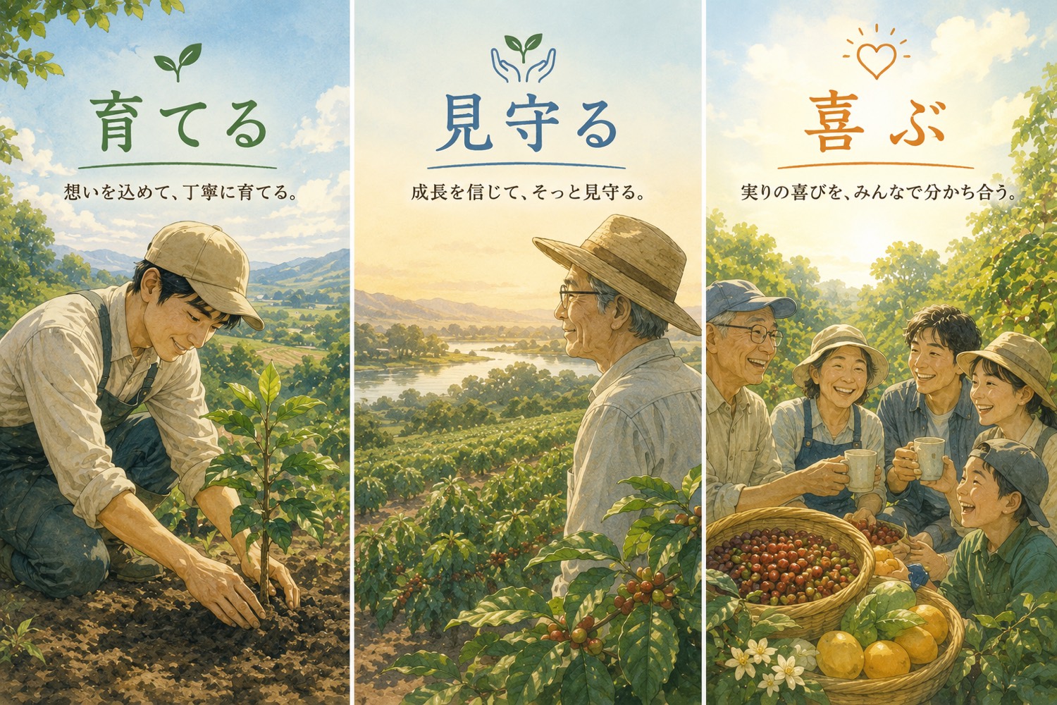 育てる・見守る・喜ぶ。農園で木を育て、成長を見守り、実りを分かち合う人々のイラスト